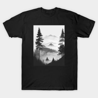 Silhouette of mountain and fog and pine forest T-Shirt